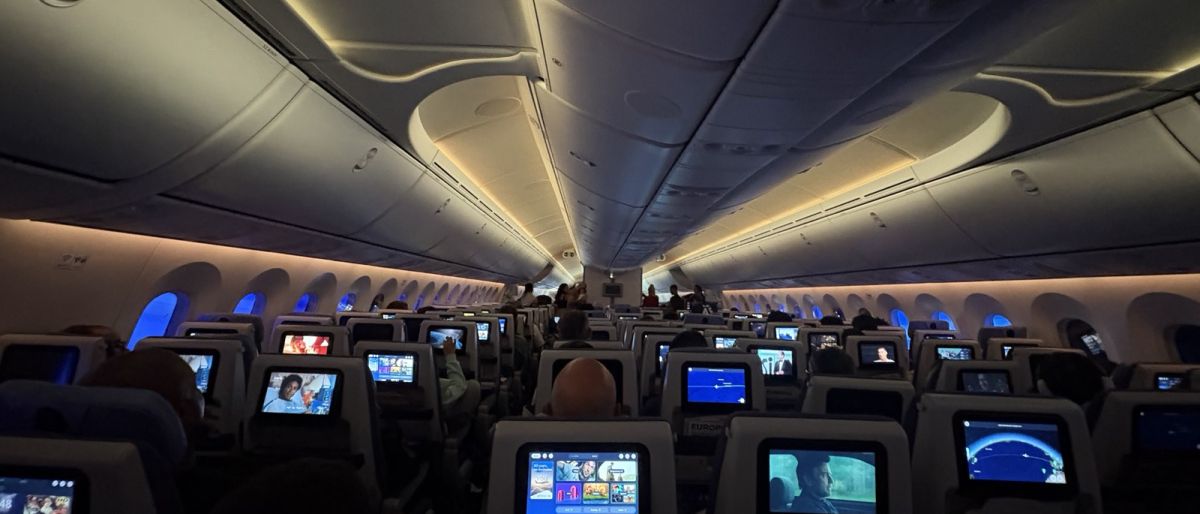 Economy cabin of an Air Europa Boeing 787-9 with seat-back screens