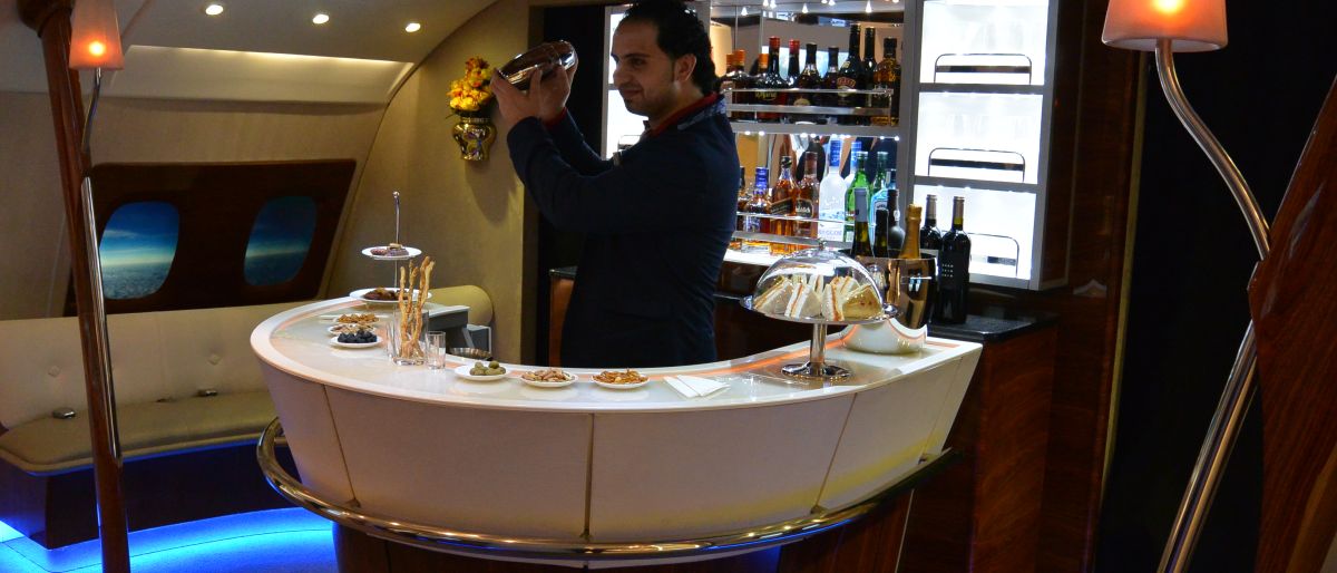 Full-size mock-up of the Emirates A380 Onboard Lounge bar shown at ITB Berlin