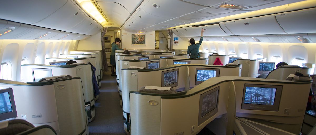 Royal Laurel business class cabin on an EVA Air Boeing 777-300ER