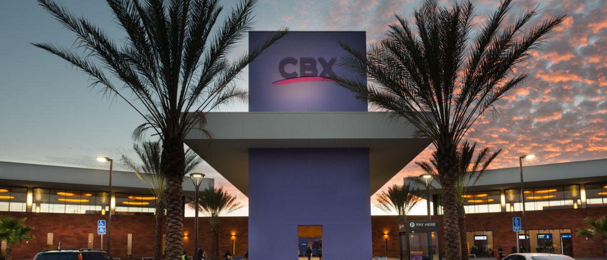 Cross Border Xpress (CBX) terminal in Otay Mesa, San Diego, at sunset